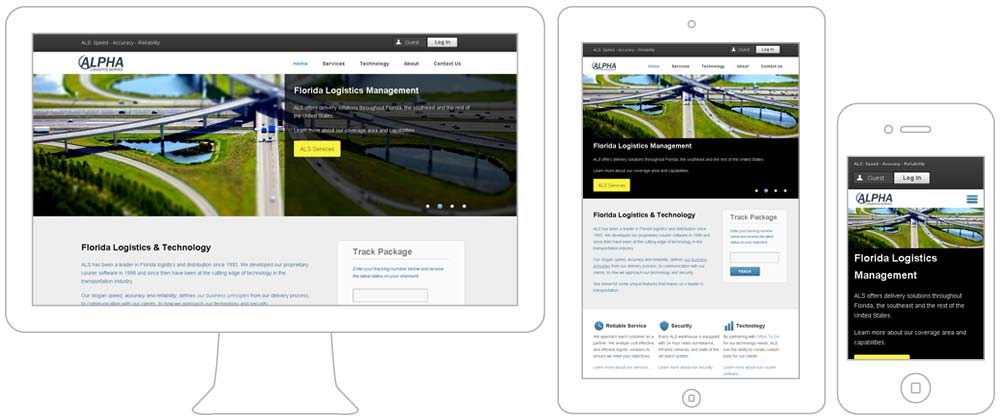 screenshot of the alpha logistics home page in desktop, tablet and smart phone screens