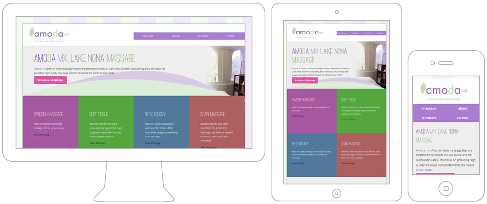 Amoda mx screen shot of home page on desktop, tablet and smart phone displays