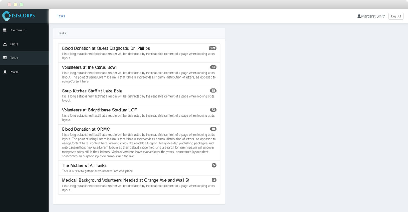 screen shot of CrisisCorps Tasks page