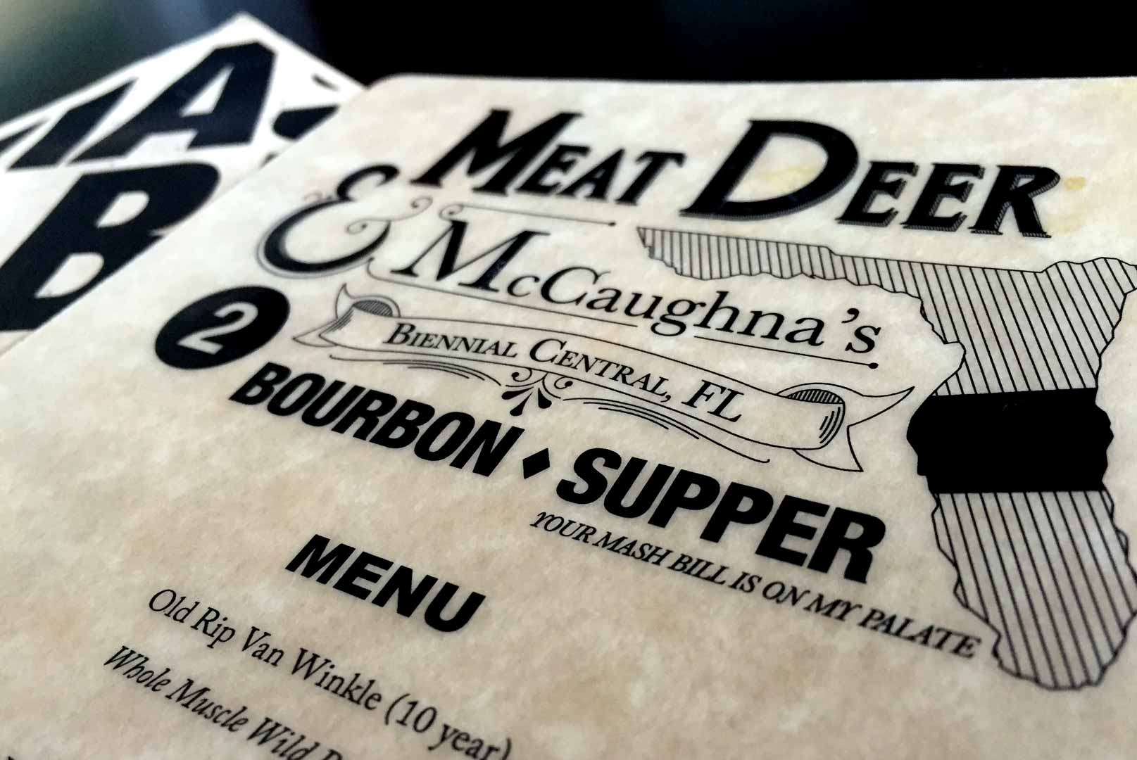 Meat Deer and McCaugna's Bourbon supper menu.