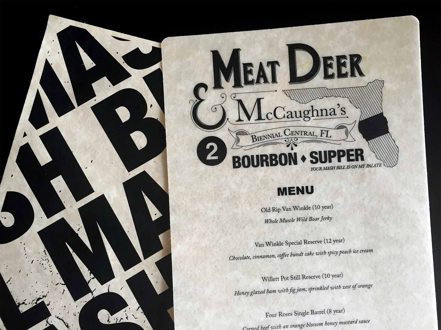 Meat Deer and McCaughna's menu and tasting cards.