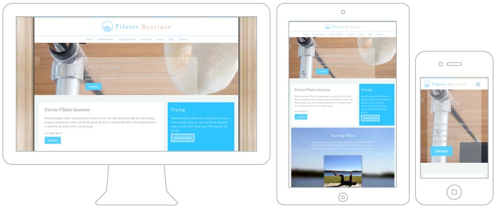 screen shot of Pilates Boutique home page on desktop, tablet and smart phone displays