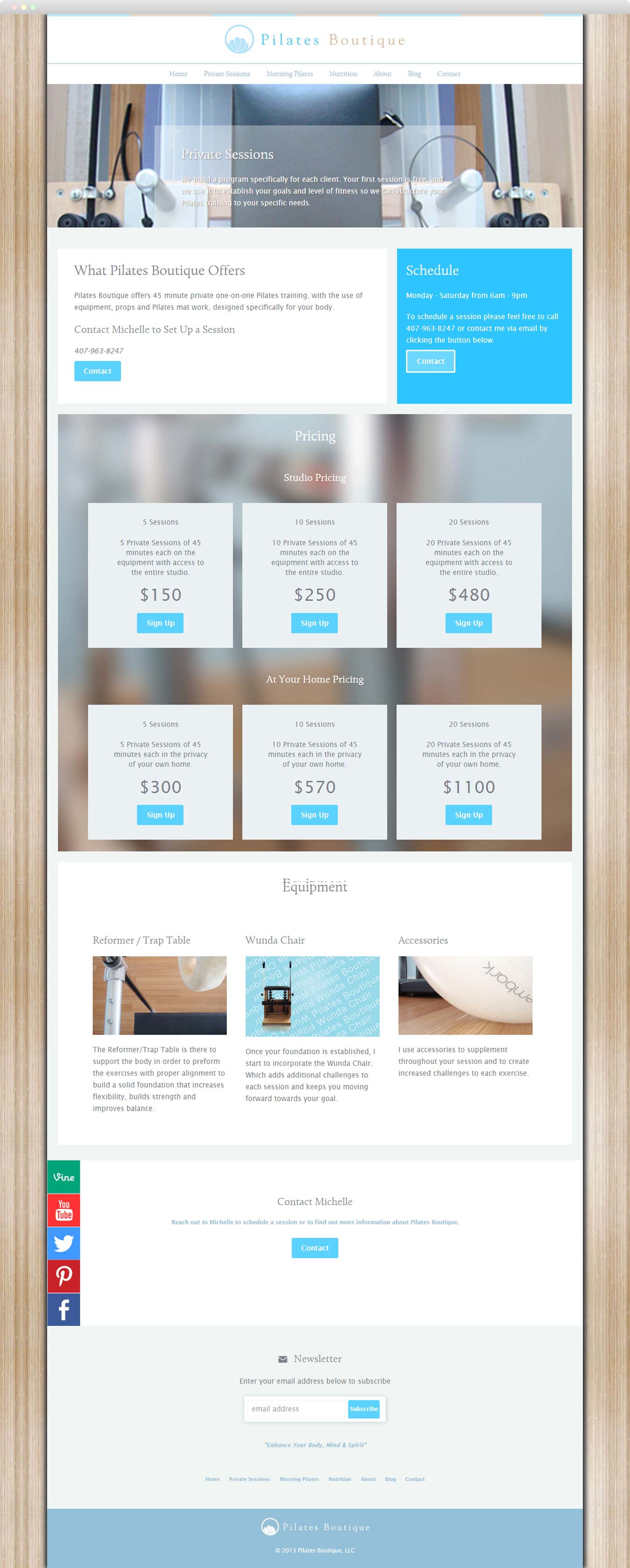 screen shot of the full Pilates Boutique private sessions page