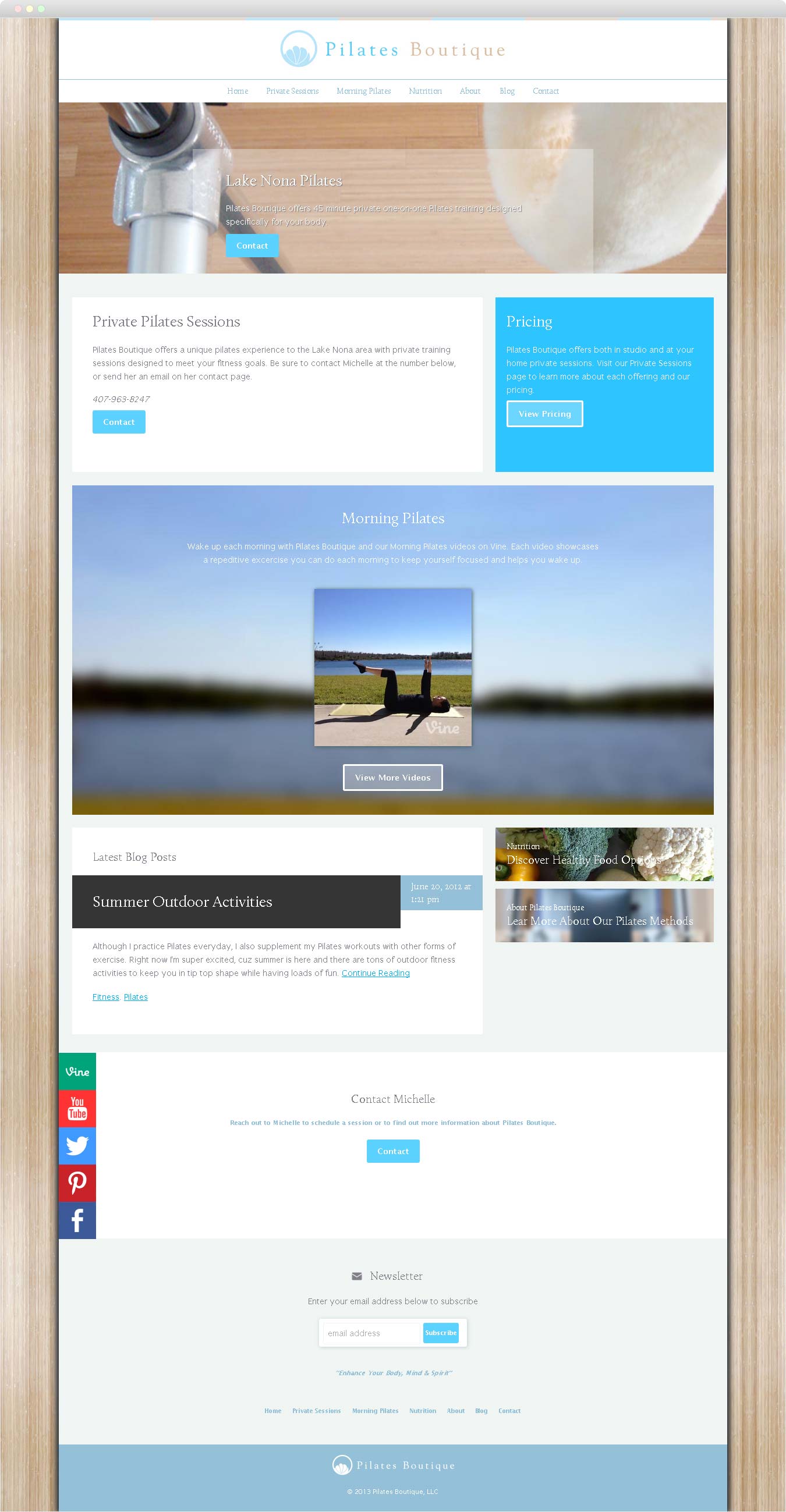 screen shot of the full Pilates Boutique home page
